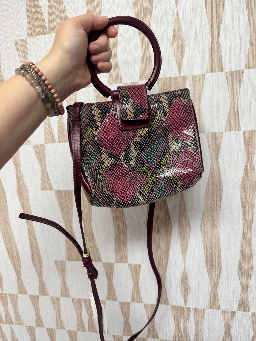 Hobo Heidi crossbody hand bag LEATHER mosaic snake burgundy purse NEW